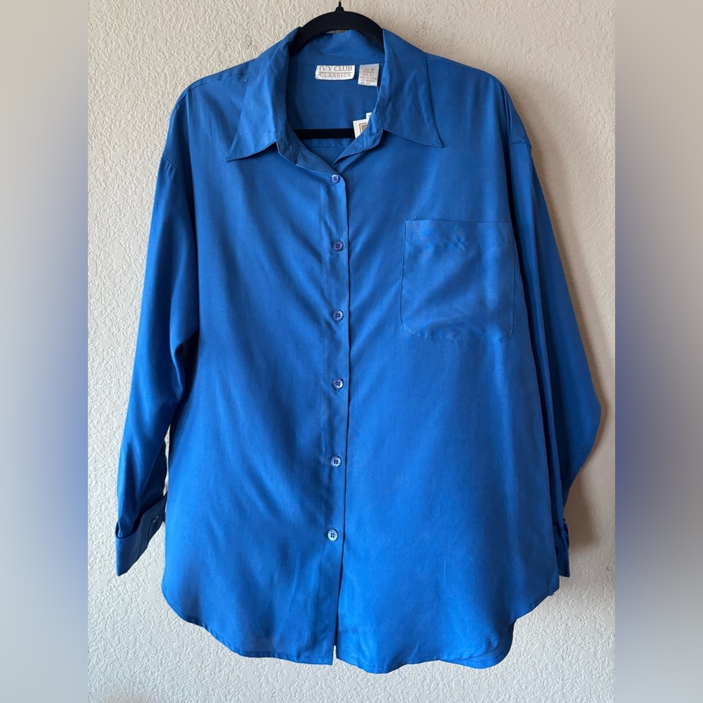 Pure 100% Silk Vintage 90s‎ Monochrome Blue Button Down Collared Blouse NWT M